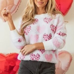 Pink and White Leopard Print Heart Pattern Women's Sweater Size Small NWOT